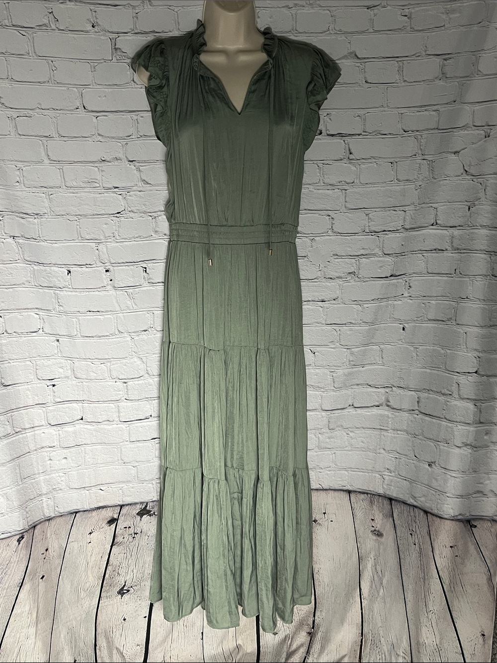 Rachel Zoe Olive Green Ruffle Sleeve Tiered Maxi Dress